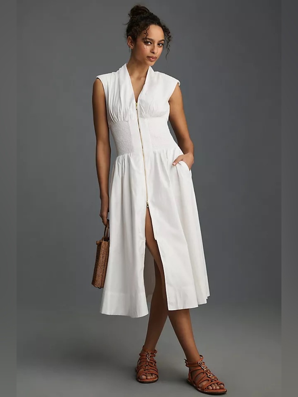 Anthropologie Tommie Zip-Front Midi Dress White – Size Small